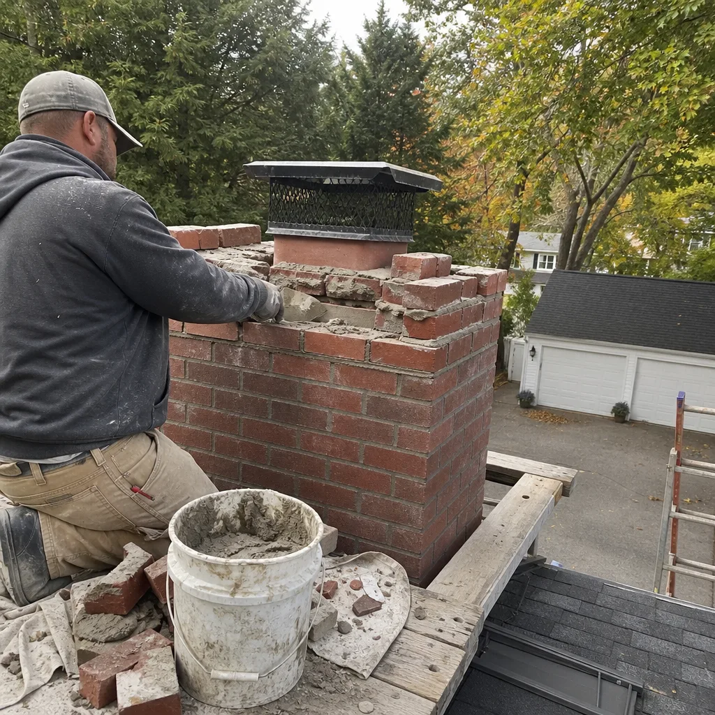 Professional contractor performing brick chimney repair and masonry maintenance on a roof.