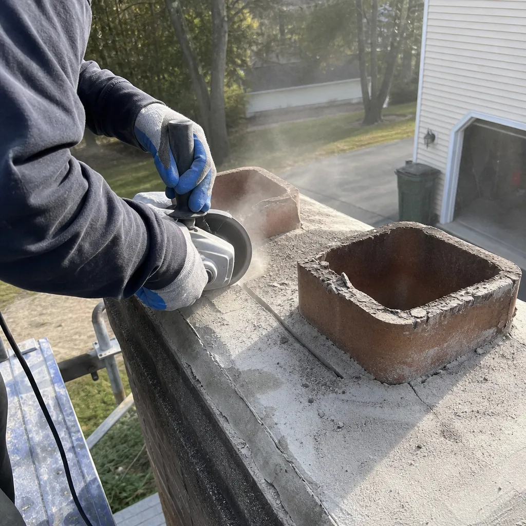 Professional technician repairing a brick chimney crown with an angle grinder