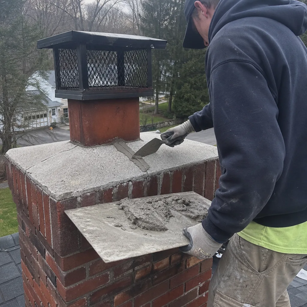 Professional chimney technician performing mortar repair on a brick chimney crown