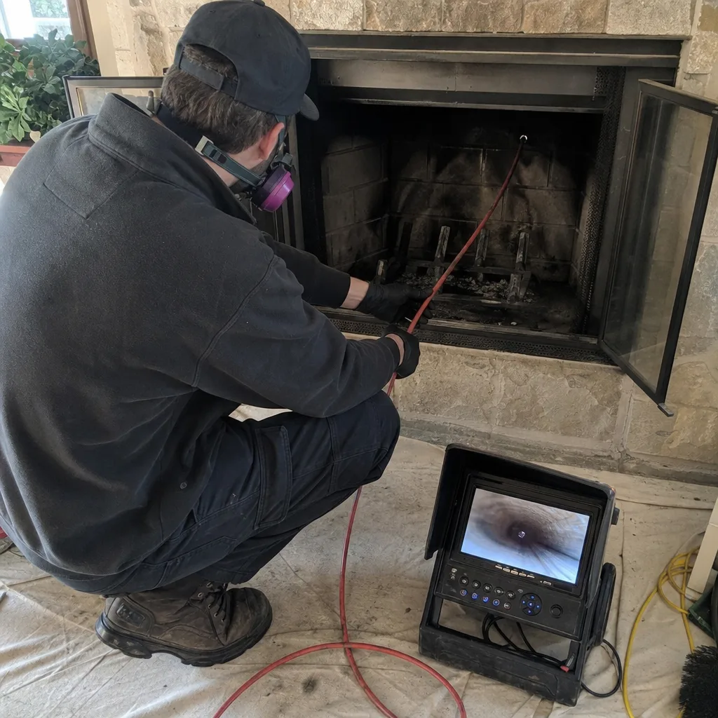Professional chimney sweep performing a video inspection of a fireplace flue