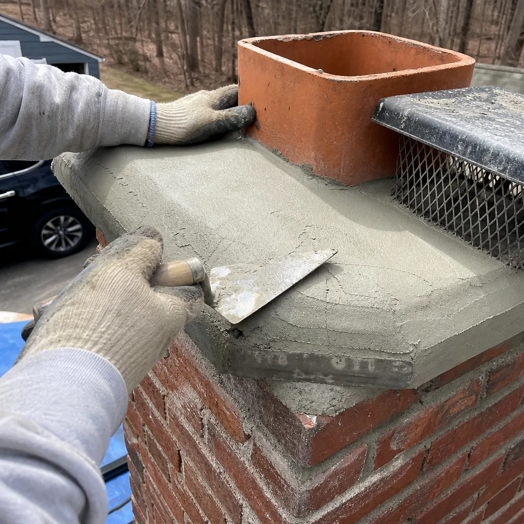 Professional technician applying mortar to a chimney crown for repair. in Natick, MA