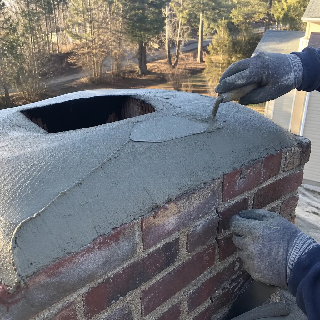 Professional applying cement crown to brick chimney top in Natick, MA