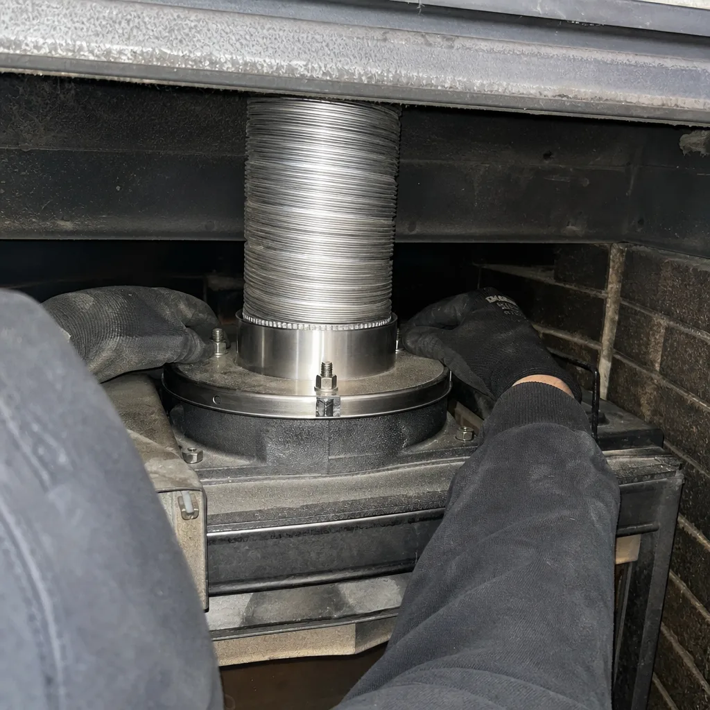 Technician installing a stainless steel chimney liner in a fireplace insert in Natick, MA
