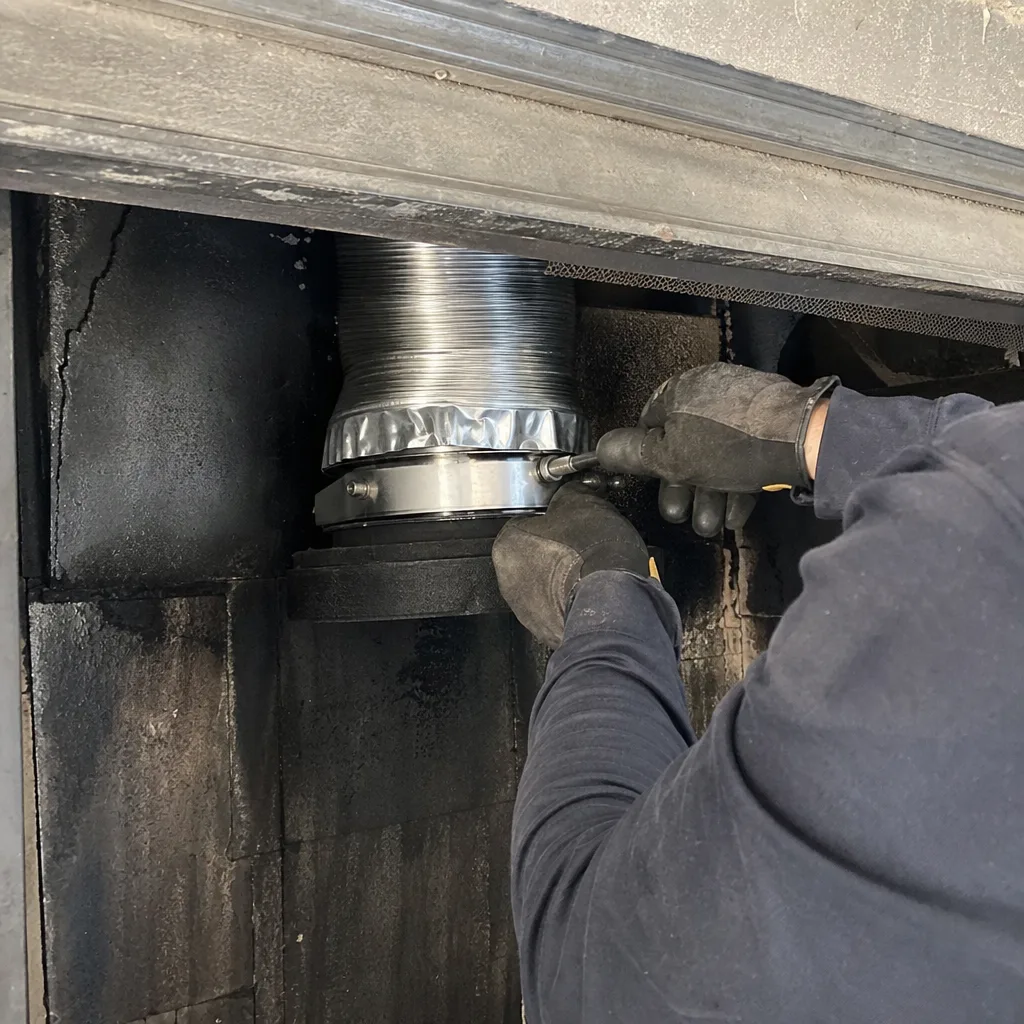 Professional chimney technician installing a stainless steel flue liner in Natick, MA