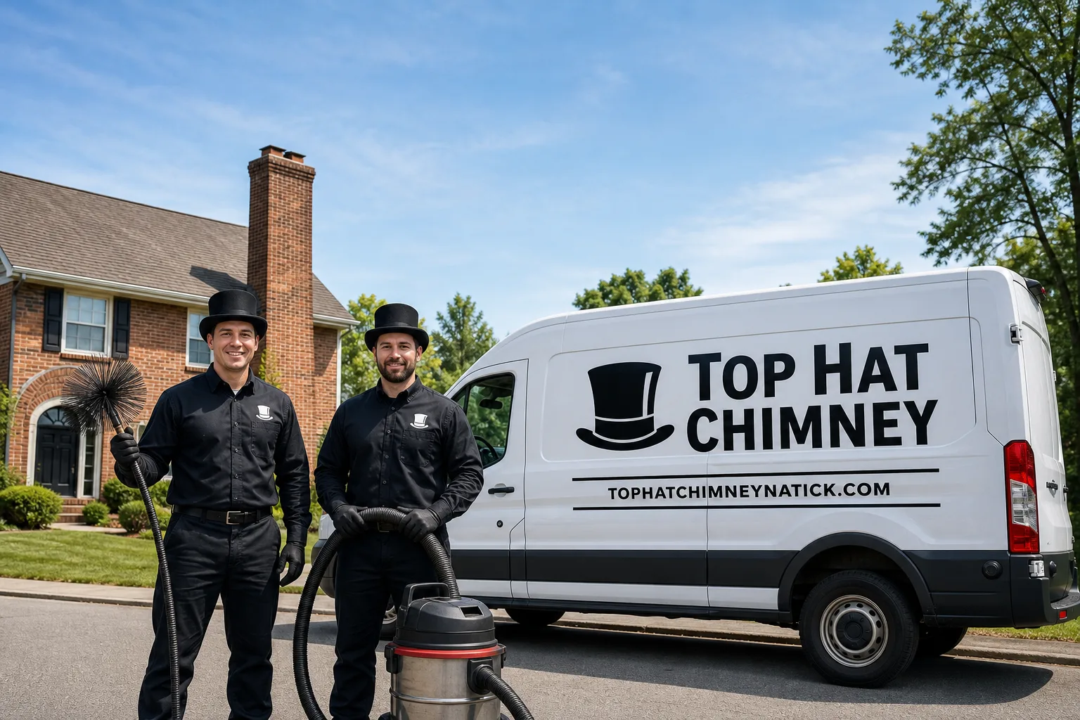 Top Hat Chimney chimney cleaning service vehicle and crew in Natick, MA